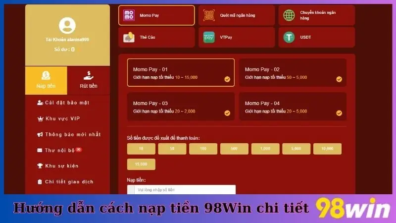 Hướng dẫn cách nạp tiền 98Win chi tiết
