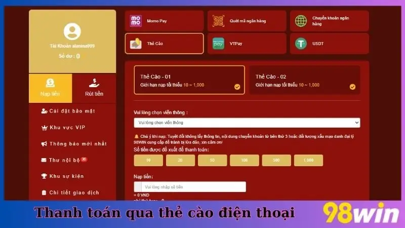 Thanh toán qua thẻ cào điện thoại