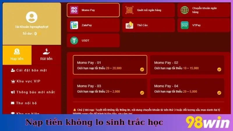 Nạp tiền không lo sinh trắc học